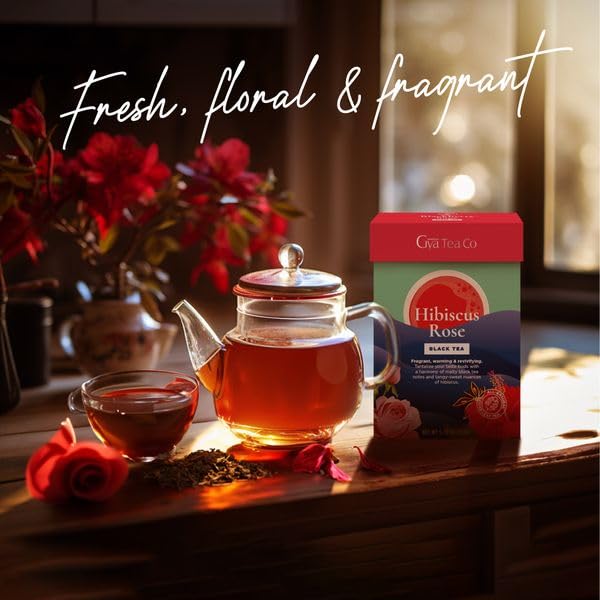 Gya Tea Co Té negro de rosa de hibisco, hojas sueltas, té de hibisco, té de rosa con cafeína, té negro de hibisco 100% natural sin ingredientes