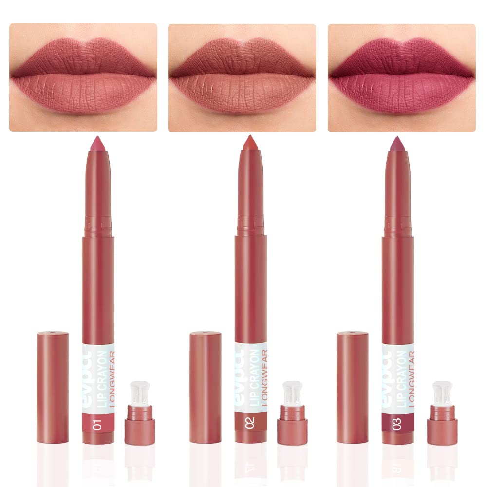 BINGBRUSH Juego de lápices labiales de 3 colores mate de larga duración, delineador de labios suave con sacapuntas incorporado, lo último para