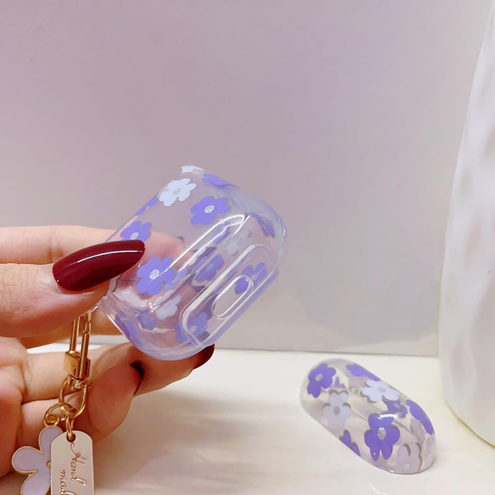 Funda para AirPods de 21 generación con llavero, bonita funda protectora para auriculares con flores moradas y flores, TPU suave y transparente para