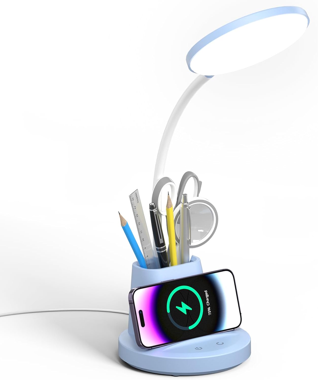 Lámpara LED de escritorio con cargador inalámbrico para oficina en casa, pequeña con soporte para bolígrafo, 800 lúmenes, 3 modos de color, cuello