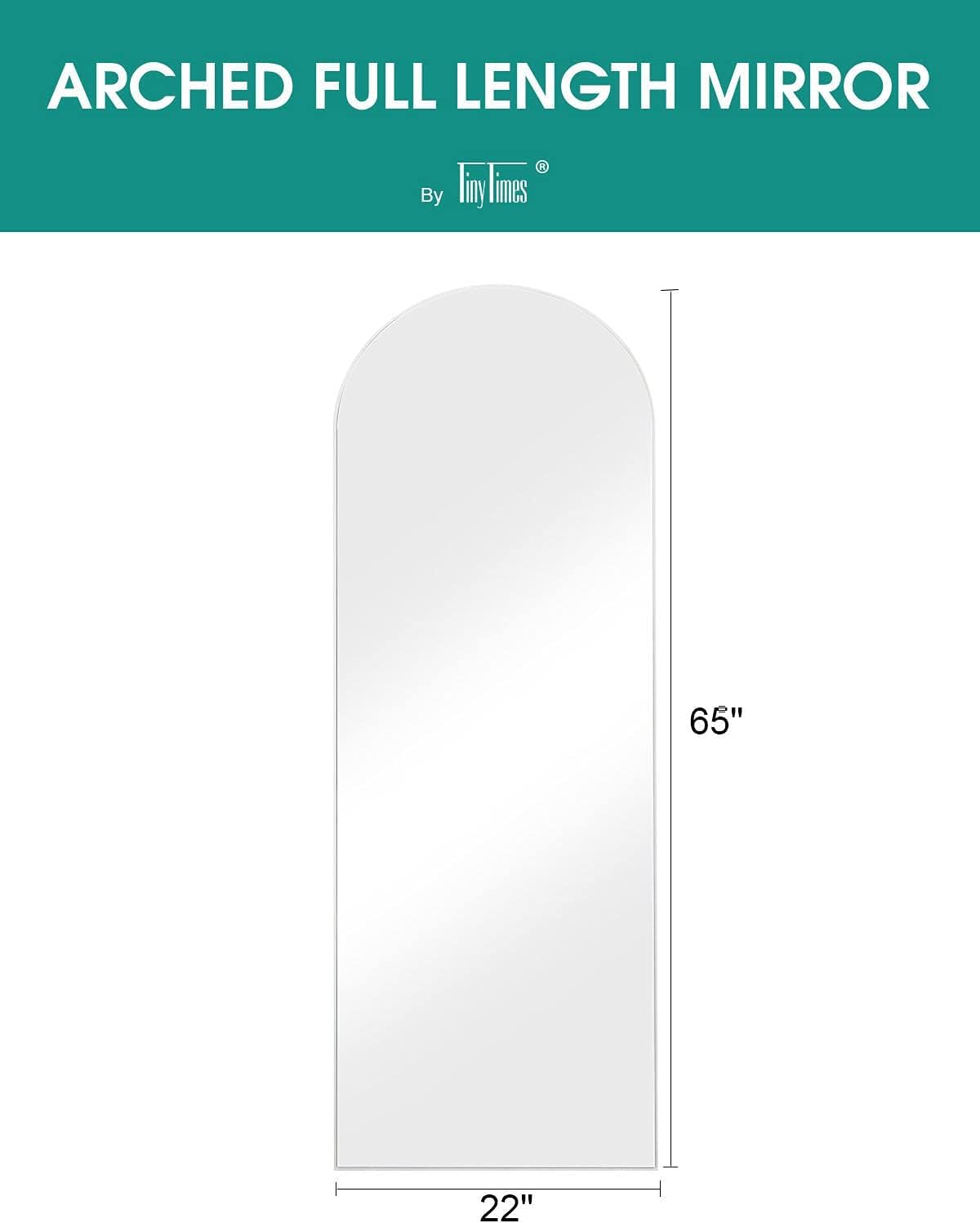 TinyTimes Espejo arqueado de longitud completa de 64 x 21 pulgadas con soporte, espejo de cuerpo completo, espejo de pie de longitud completa,
