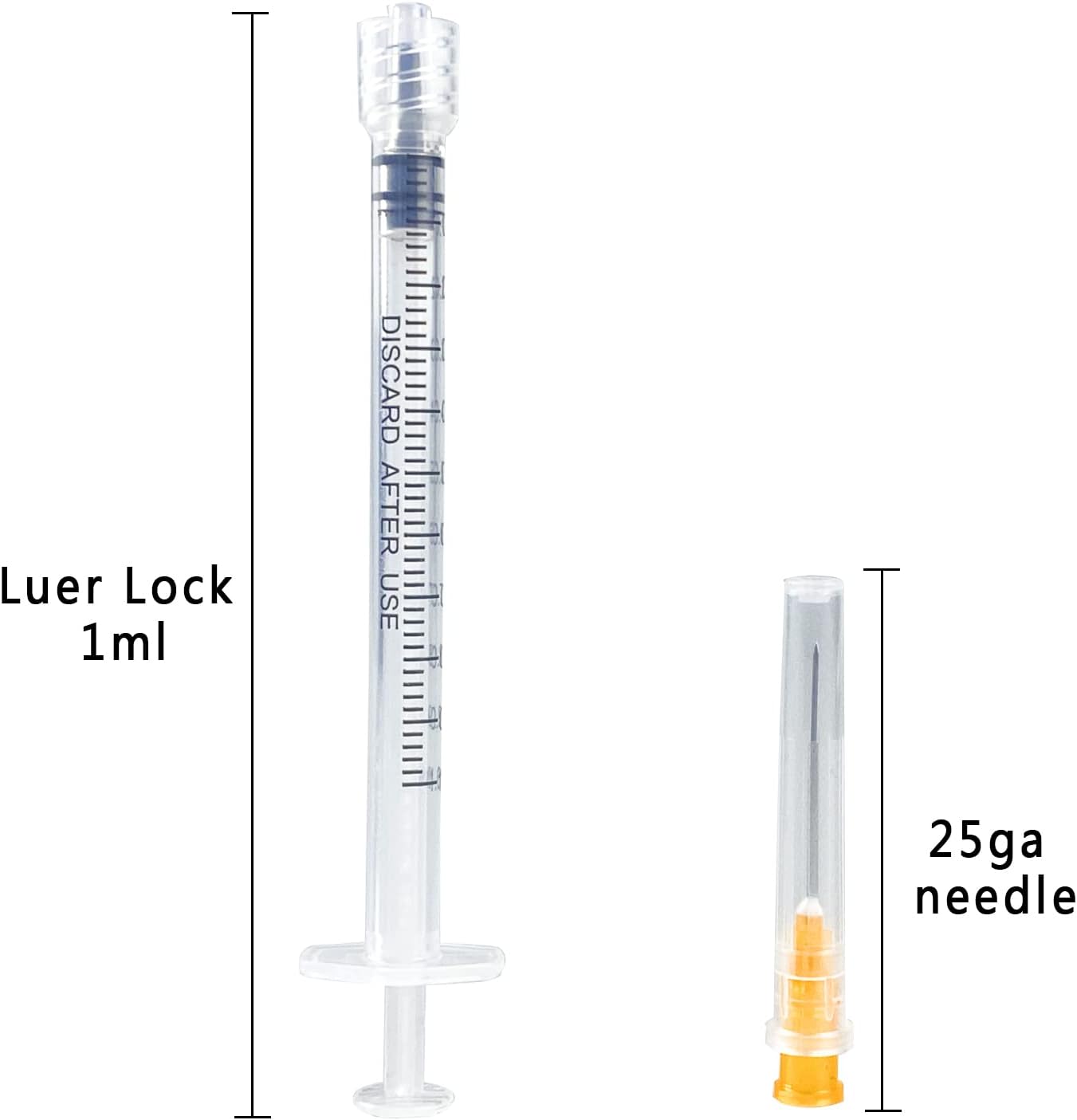 Paquete de 50 jeringas Luer Lock de 0.0 fl oz con agujas de 25Ga, jeringas y agujas de plástico desechables de embalaje individual para laboratorios