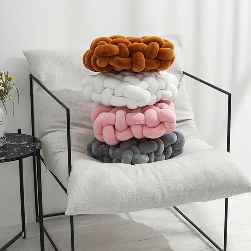Almohada decorativa cuadrada de 13 pulgadas, almohada anudada de terciopelo blanco y camello de 8 bolas, almohada de piso para sala de estar,