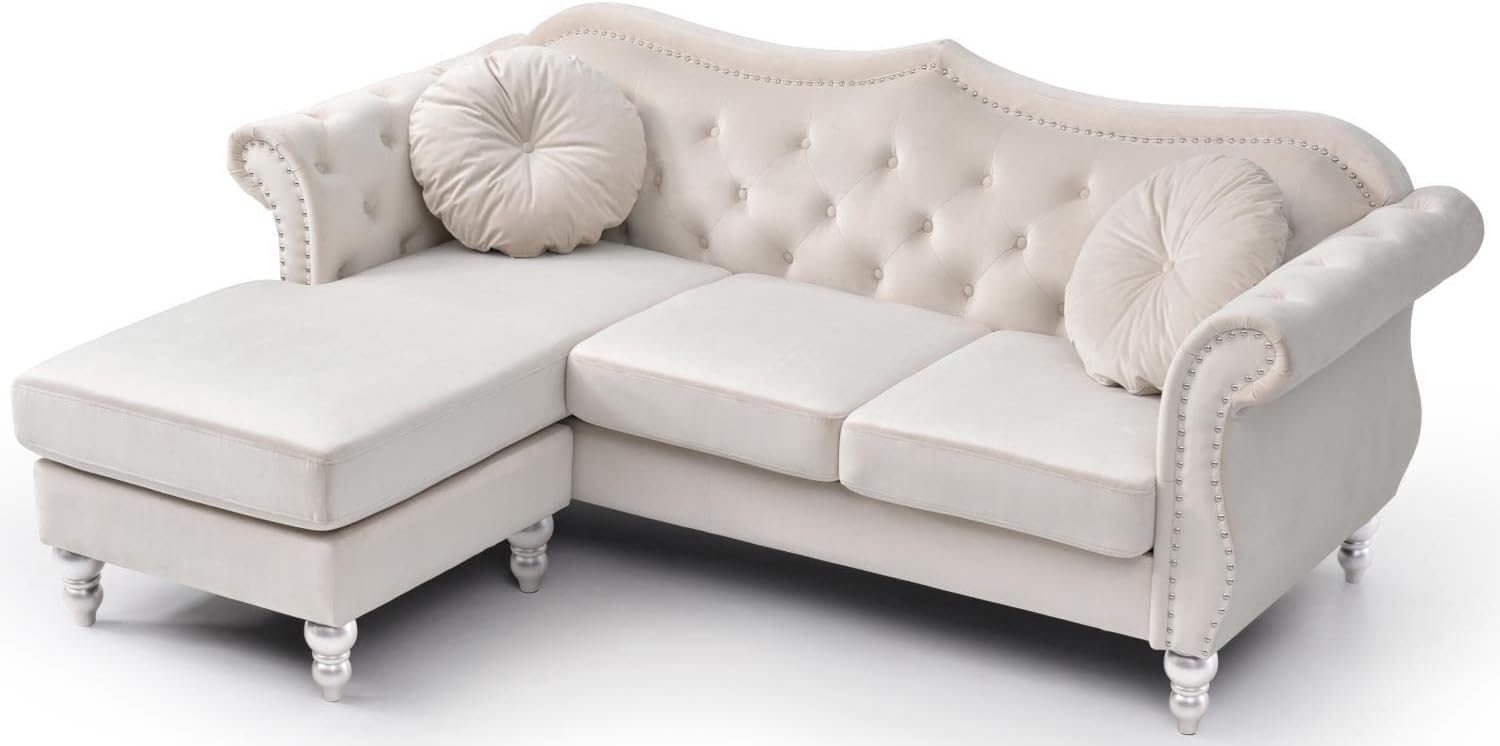 Glory Furniture Sofá de terciopelo Hollywood Chaise en marfil