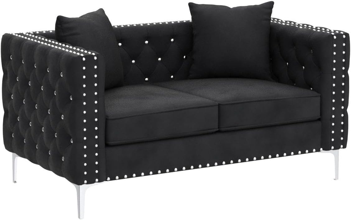 Fulocseny Sofá biplaza tapizado de terciopelo, sofá de 59.4 pulgadas con botones joyas y brazos cuadrados, moderno botón y patas de metal, sofá con