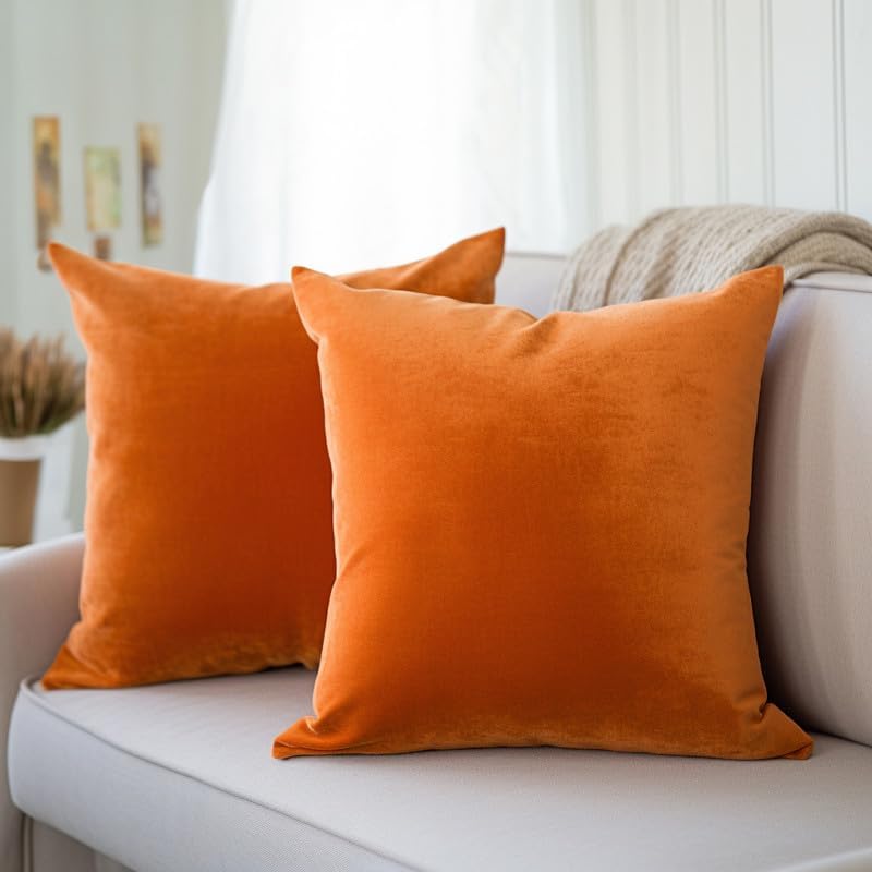 Encasa – Juego de 2 fundas de almohada de terciopelo color naranja de 20 x 20 pulgadas  19.7 x 19.7 in  19.7 x 19.7 in, color liso, teñidas, suaves