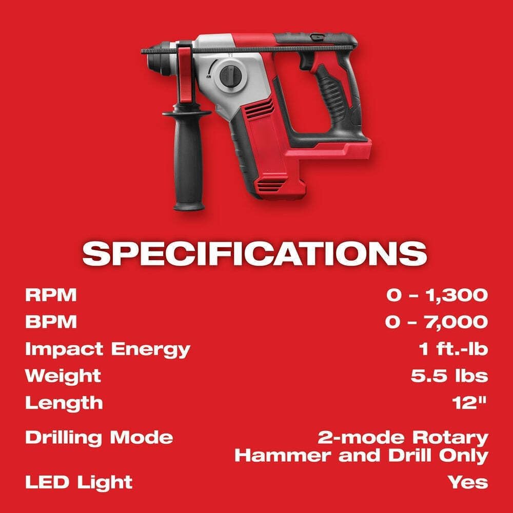 Para Milwaukee 2612-20 M18 18V 58 “SDS Plus Martillo giratorio con varilla de profundidad, con radio y luz