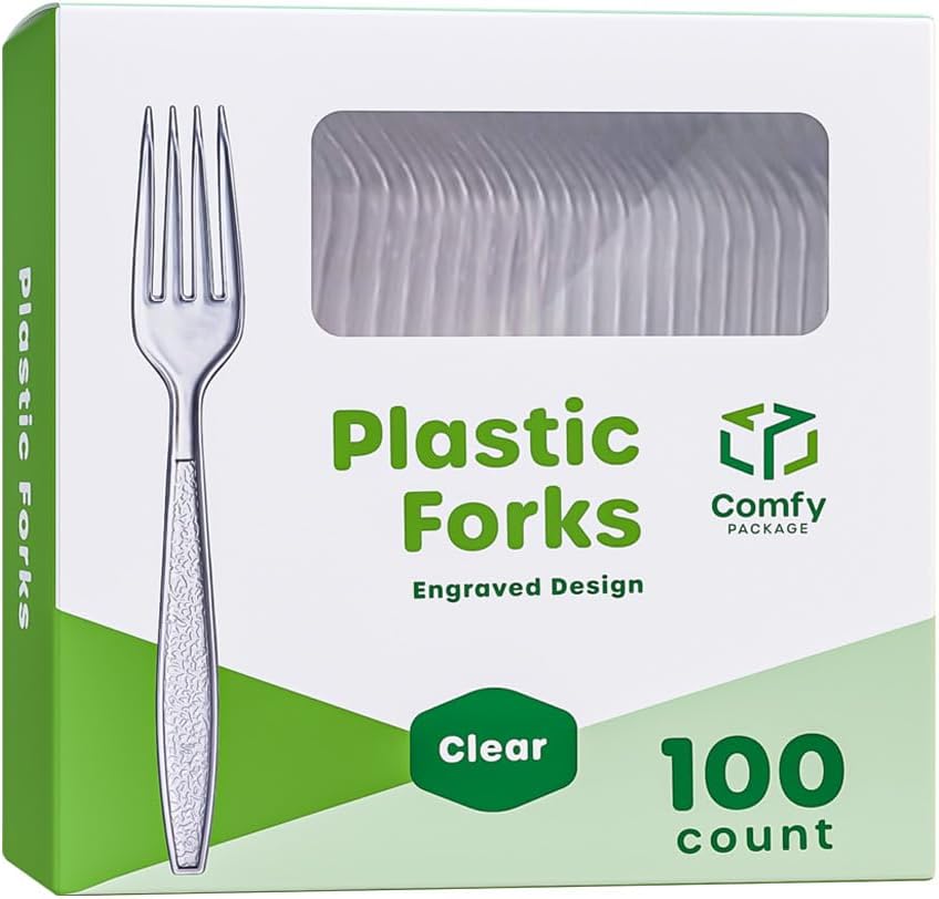 Paquete de 100 Tenedores de plástico transparente desechables pesados, diseño grabado