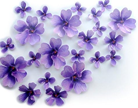 Surtido de flores de papel de oblea moradas en 3 formas y tamaños diferentes que van desde 1 pulgada a 2 pulgadas para decorar postres, paquete de 26