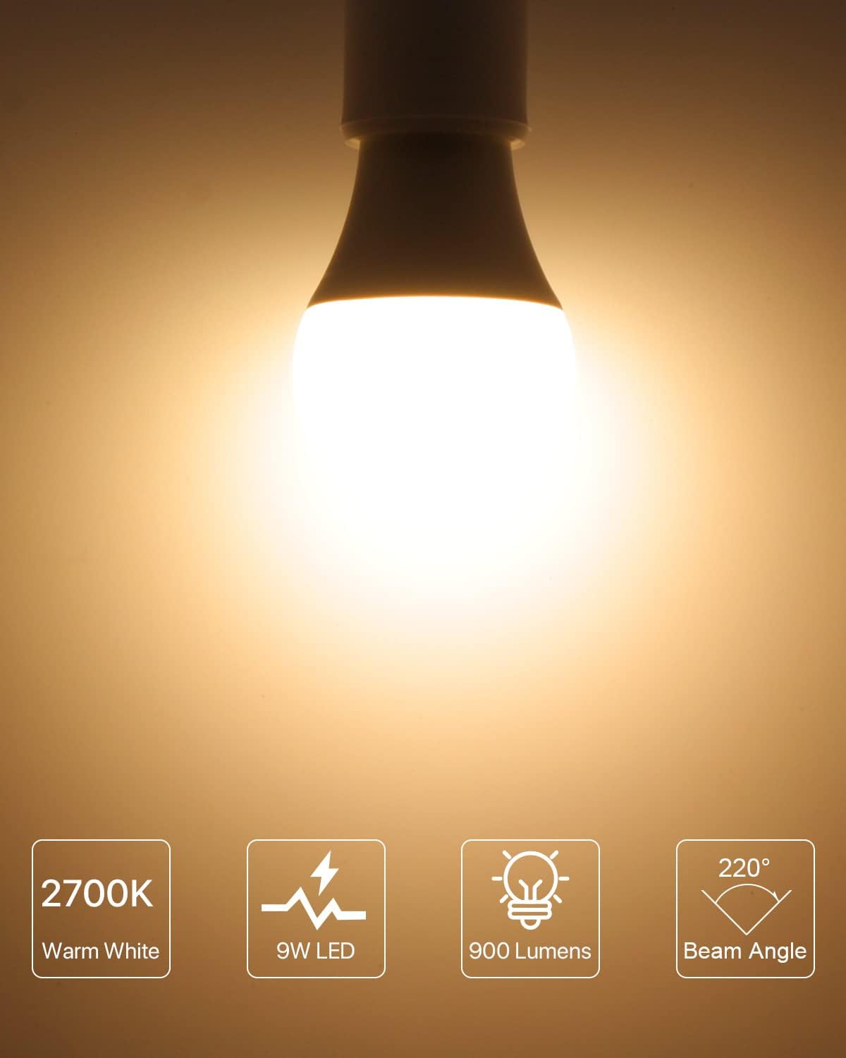 Bombillas LED equivalentes a 60 vatios, bombilla LED estándar de 900 lúmenes, base E26 de 9 W, blanco cálido 2700 K, no regulable, perfecto para