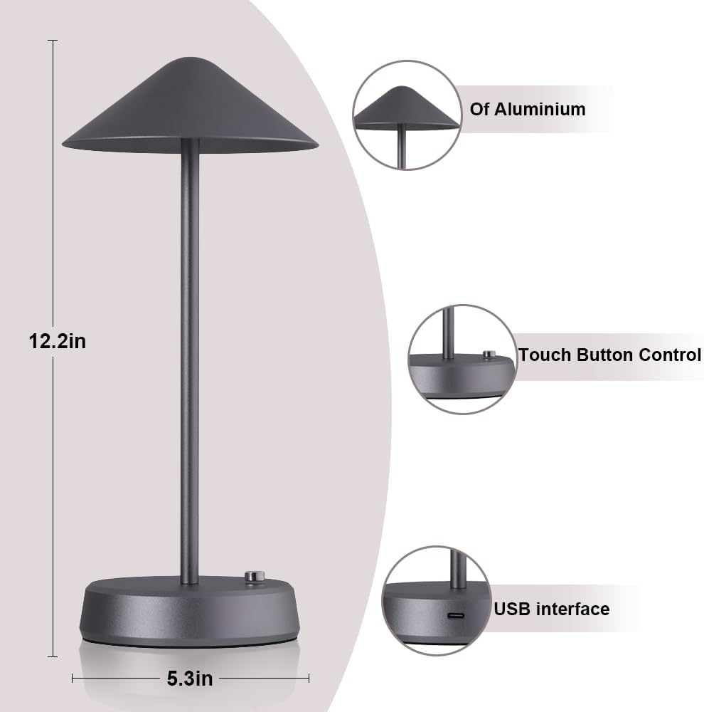 Lámpara de escritorio portátil de metal, lámpara de mesa LED de metal inalámbrica, lámpara recargable de control táctil de 3 colores, lámpara de