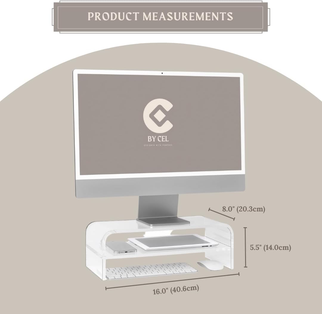 BY CEL Soporte de monitor acrílico prémium para escritorio, soporte transparente de 2 niveles para computadora portátil de 16 pulgadas, soporte
