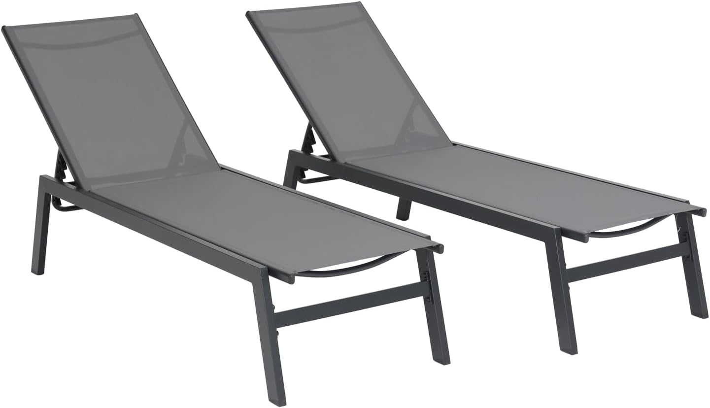 Juego de 2 tumbonas de aluminio para exteriores, sillas reclinables de textileno transpirables para patio, sillón reclinable con 5 respaldos