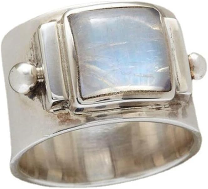 Anillos de plata vintage, anillo conmemorativo de compromiso con piedra lunar y gema natural, tamaño 5-11 para mujeres y niñas (10)