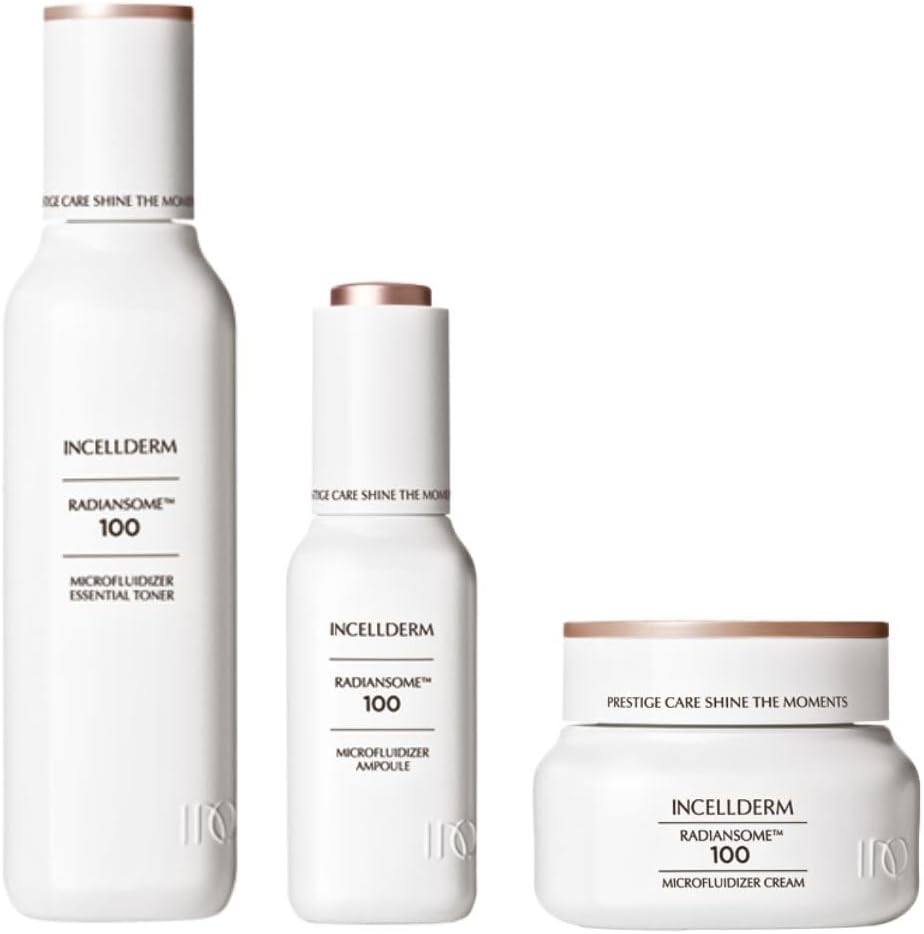 INCELLDERM Radiansome 100 Premium Korean K-Beauty Skin Care Set tóner esencial microfluidizador (3.3 fl oz), ampolla (1 fl oz), crema (1.7 fl oz)