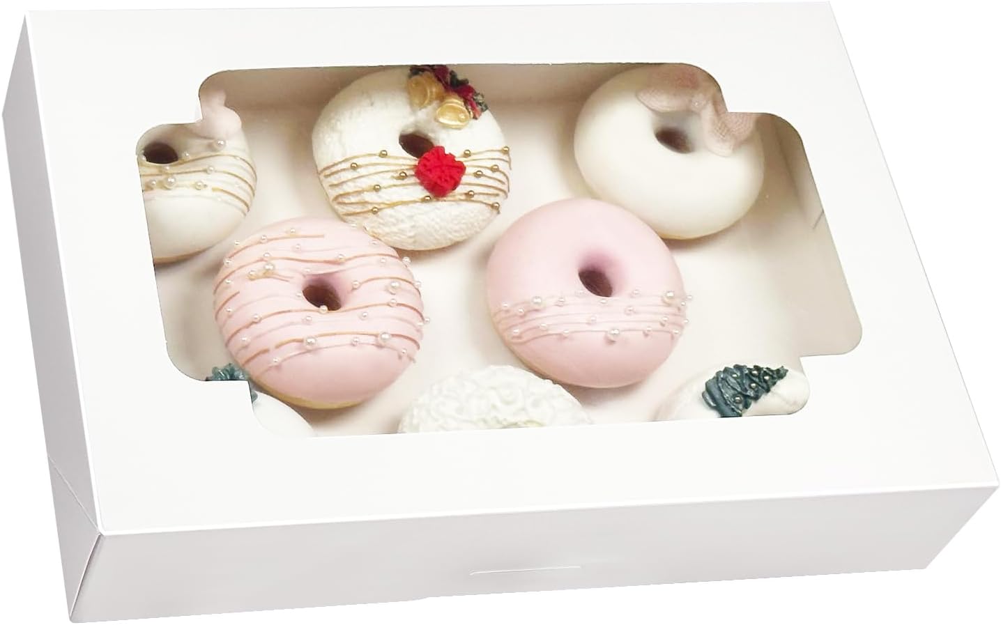 qiqee Caja de galletas blanca desplegable automática con ventana de 12 x 8 x 2.5 pulgadas, 32 paquetes de dos usos en un segundo plegable para