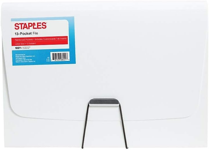 Staples 2806370 – Carpeta expansible reforzada de plástico con 13 bolsillos, tamaño carta, color blanco