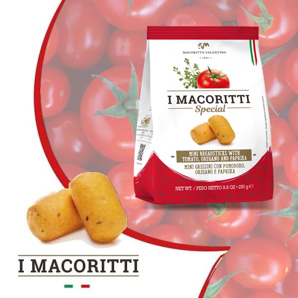 I Macoritti Mini palitos de pan crujientes, auténticos palitos de pan italiano Grissini, sabor a tomate, orégano y pimentón, 8.82 onzas
