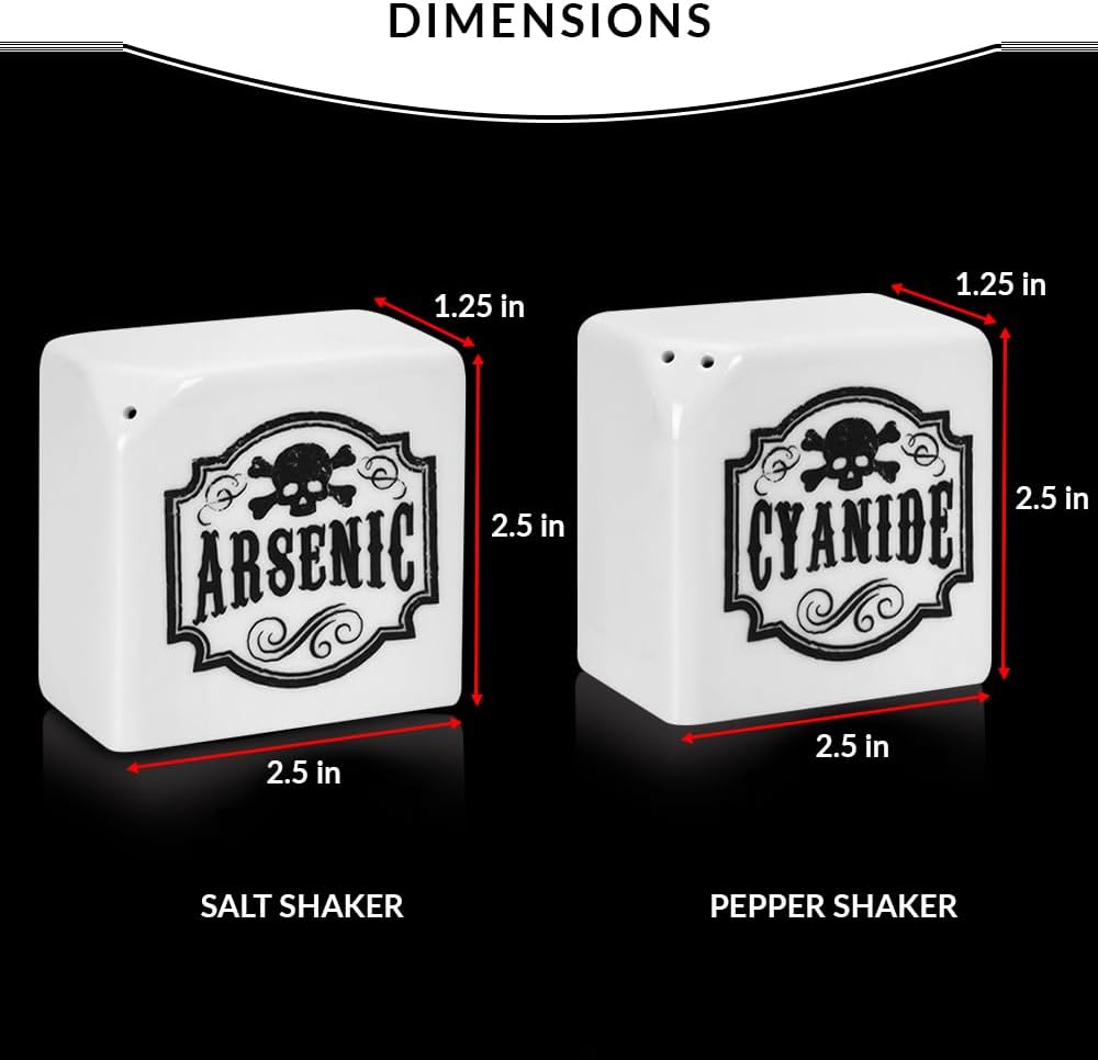 Juego de saleros y pimenteros de cerámica, juego de coctelero de especias con etiquetas de arsénico y cianuro de estilo gótico boticario, bonitos