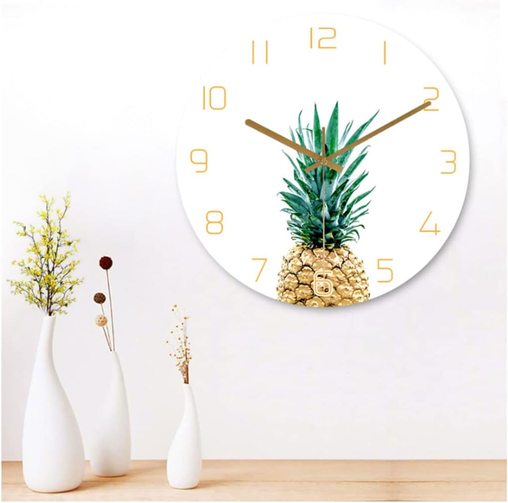 Reloj de pared Reloj de pared de piña verde y amarilla sobre blanco, funciona con pilas, sin tictac, reloj redondo silencioso para cocina, sala de