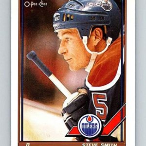 1991-92 O-Pee-Chee Hockey #21 Steve Smith Edmonton Oilers Official NHL Trading Card Produced By Topps 1991-92 O-Pee-Chee Hockey #21 Steve Smith Edmonton Oilers Official NHL Trading Card Produced By Topps