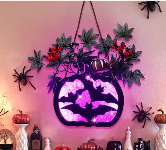 Ruidazon Prelit – Letrero de corona de Halloween iluminado artificial para puerta delantera, funciona con pilas, letrero colgante de Halloween con