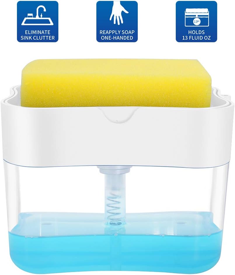Dispensador de jabón, dispensador de jabón para platos para cocina, soporte de esponja, fregadero, dispensador de jabón para lavar platos, 13 onzas