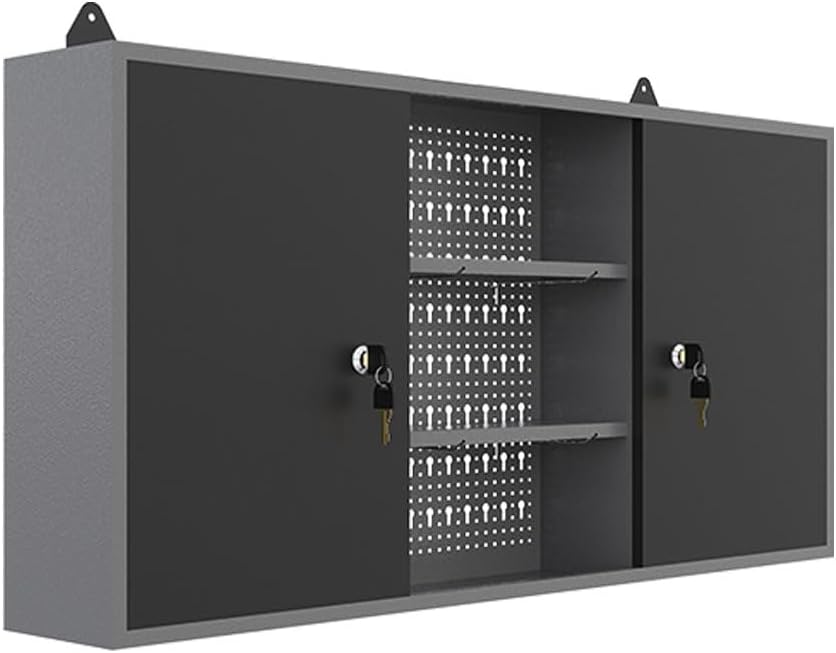 JZD Armario de almacenamiento de pared de metal con 2 puertas con cerradura, para oficina en casa, garaje, sótano, negro y gris, 47.2 x 7.9 x 23.6