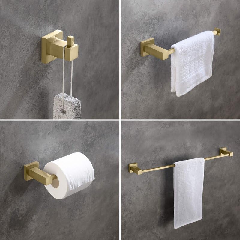 KIBI Cube – Juego de accesorios de baño de 5 piezas  Toallero, anillo para toallas, soportes para papel higiénico, ganchos para bata (oro cepillado)