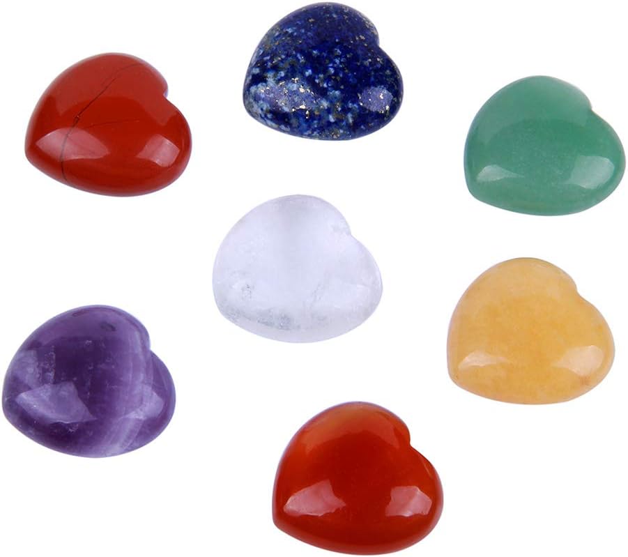 Juego de 7 piedras de chakra, piedras en forma de corazón de cristal curativo de Reiki, Piedra