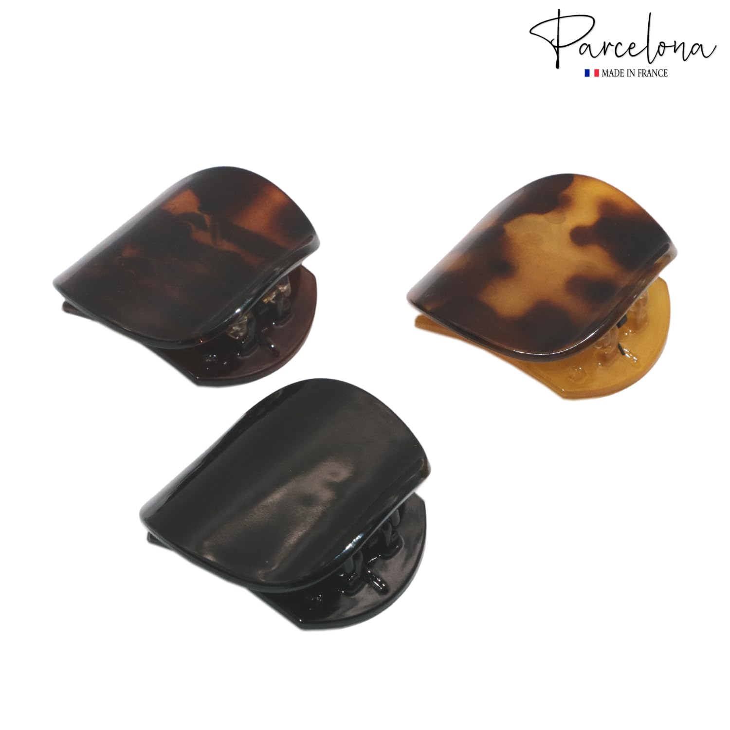 Parcelona French Onde – Juego de 3 carey de concha de tortuga negra y Savana, tamaño pequeño, 2 pulgadas, juego de 3 pinzas laterales redondas para