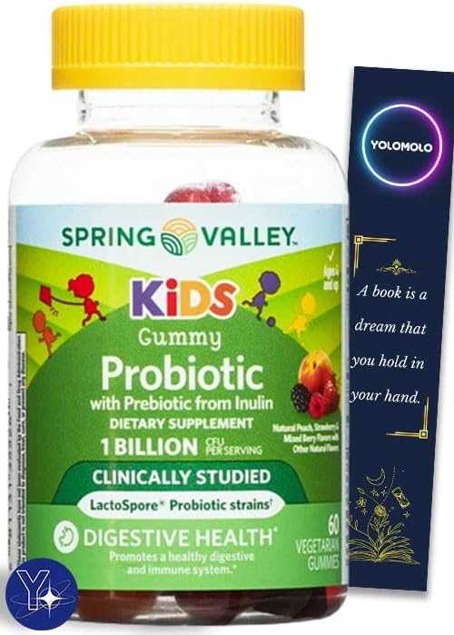 Suplemento probiótico de inulina para niños, gomitas vegetarianas Spring Valley, frutas surtidas, 60 unidades y marcapáginas de regalo YOLOMOLO