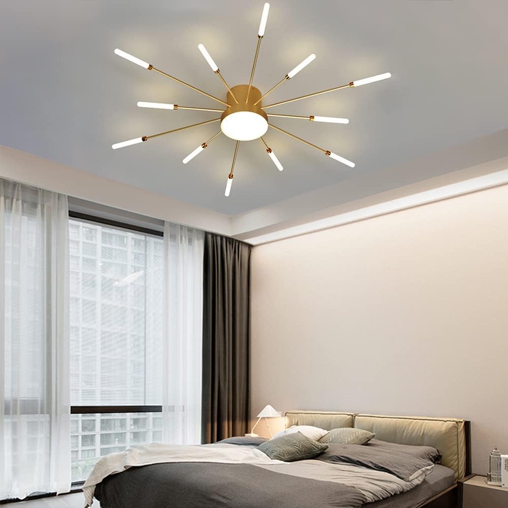 Liudefa Lámpara de techo LED de 32 pulgadas, 12 luces de techo modernas, lámpara de techo empotrada, iluminación de interior dorada para sala de