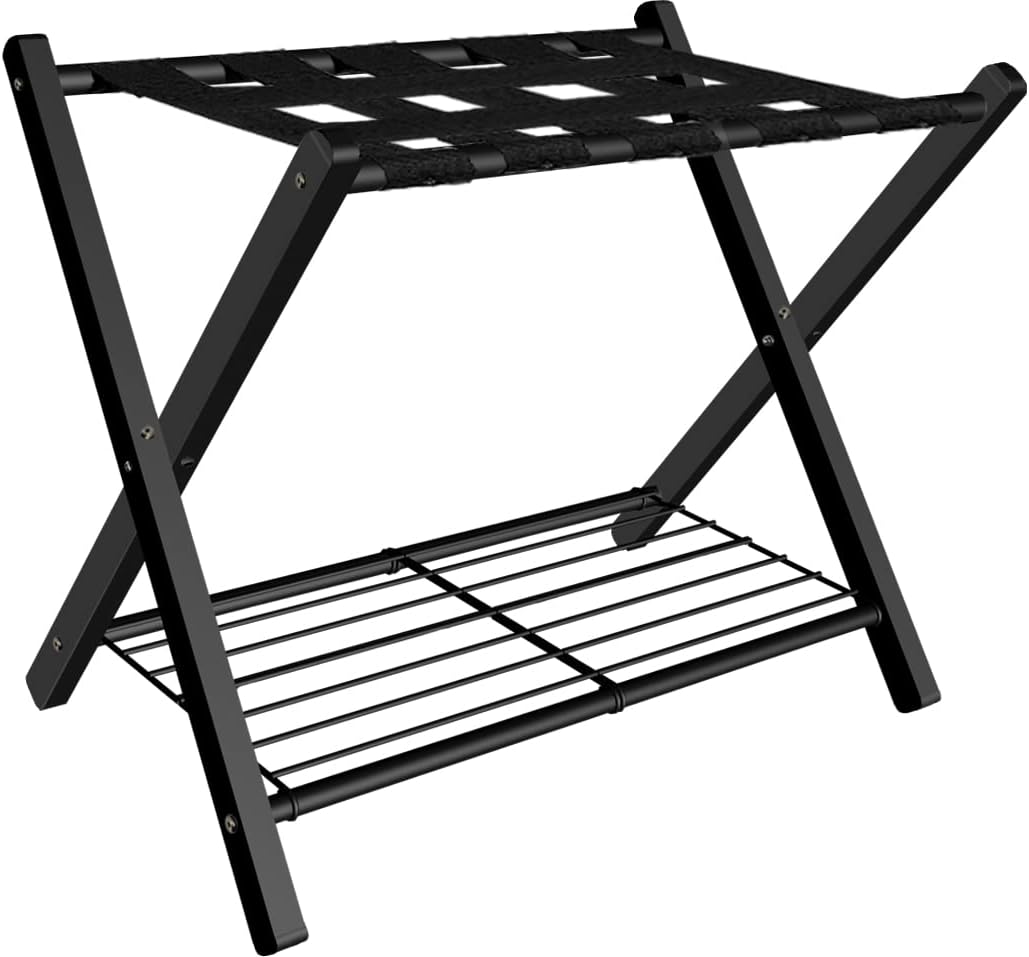 Portaequipajes plegable para habitación de invitados, soporte plegable de metal para maleta con estante de metal para dormitorio, negro, paquete de 1