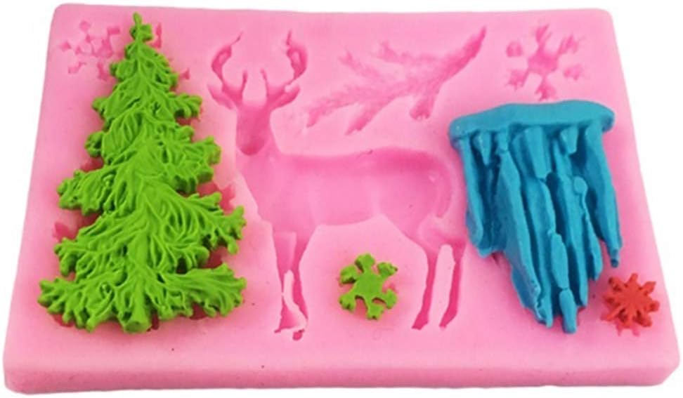 btdeal Molde de silicona para pastel de Navidad, reno, alce, árbol de Navidad, copo de nieve, fondant, molde de chocolate, molde para pasteles de