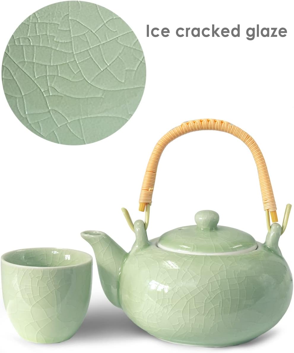 Dahlia Ice Crack Celadon Juego de té de porcelana tetera con infusor incorporado+6 tazas de té en caja de regalo verde