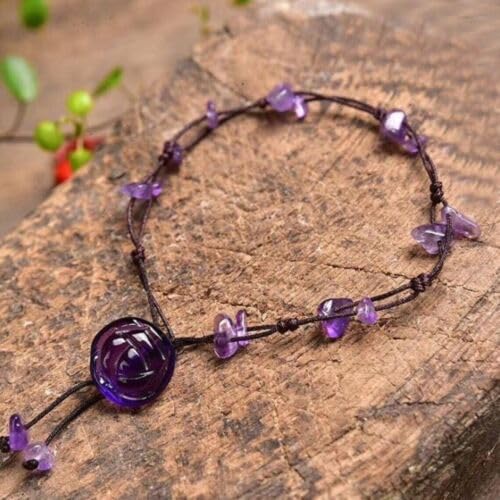 Sofiacreations Handmade Natural Amethyst Anklet, Hand Carved Rose Flower Amethyst Chip Beads Anklet, Healing Protection Balance Women Boho Style
