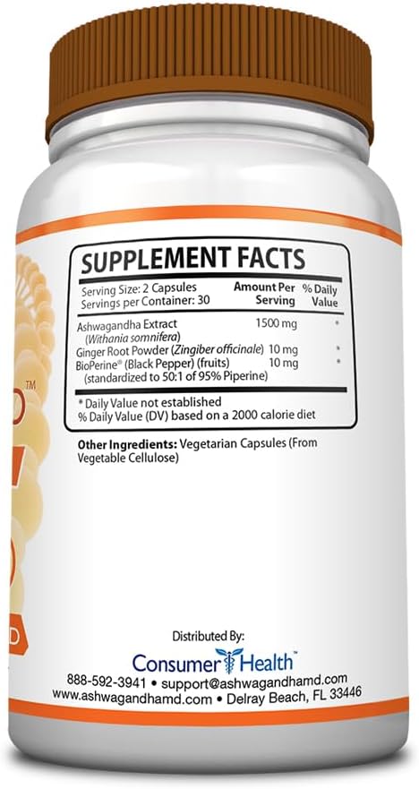 Ashwagandha MD con jengibre y bioperina. Reduce el estrés, mejora el estado de ánimo, mejora el sueño. Orgánico y vegano 60 cápsulas – 1 botella –