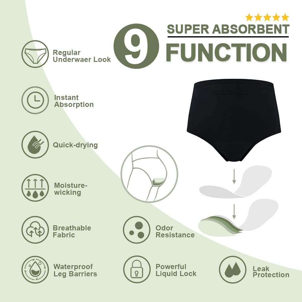 Ropa interior para mujer para incontinencia, ropa interior lavable a prueba de fugas de algodón de orina de cintura alta, bragas absorbentes de 1.7