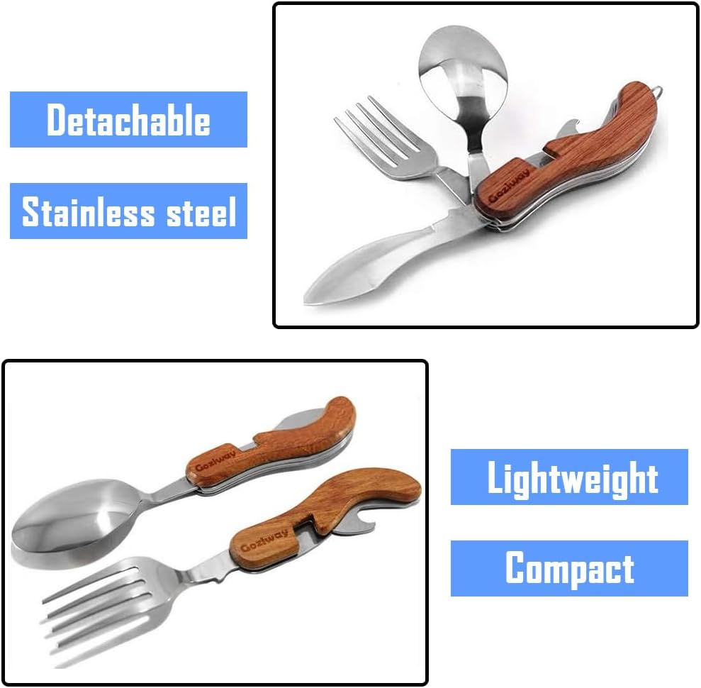 Goziway Juego de utensilios de mesa 4 en 1, portátil y desmontable, cuchara de acero inoxidable, tenedor, cuchillo y abridor de botellas,