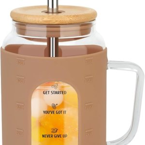 Zenbo Vaso de vidrio de 50 onzas con asa, tapa y pajilla, vaso de agua motivacional con marcador de tiempo Zenbo Vaso de vidrio de 50 onzas con asa, tapa y pajilla, vaso de agua motivacional con marcador de tiempo