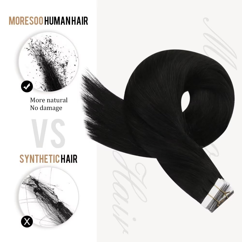 Moresoo – Extensiones de cabello humano con cinta adhesiva de 100 g 40pcs. Remy, recto, color puro, sin costuras, extensiones de pelo., 20 pulgadas,