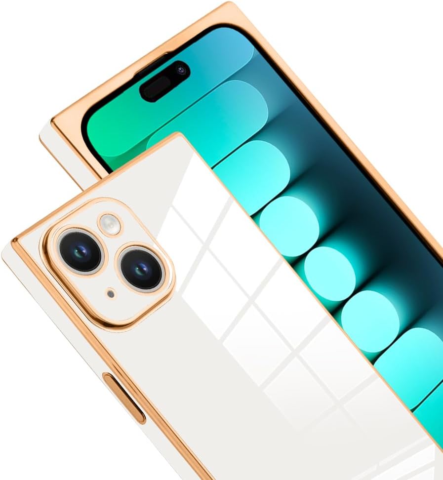 SAKUULO Funda de teléfono para iPhone 15 Plus, bonita funda cuadrada dorada chapada en oro para mujeres y niñas, TPU suave, a prueba de golpes,