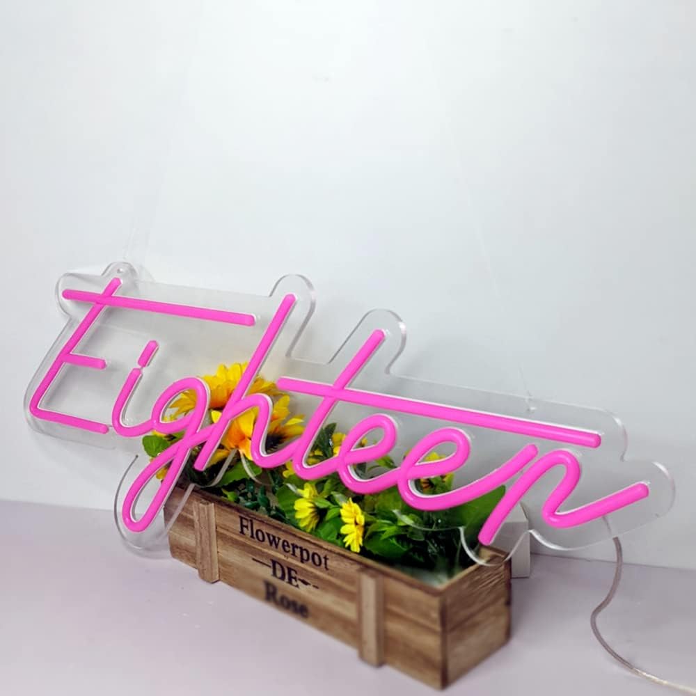 Luz de neón para fiesta de cumpleaños de 21 x 9 pulgadas, letrero de neón de color rosa número 18, luz LED flexible de silicona con fondo