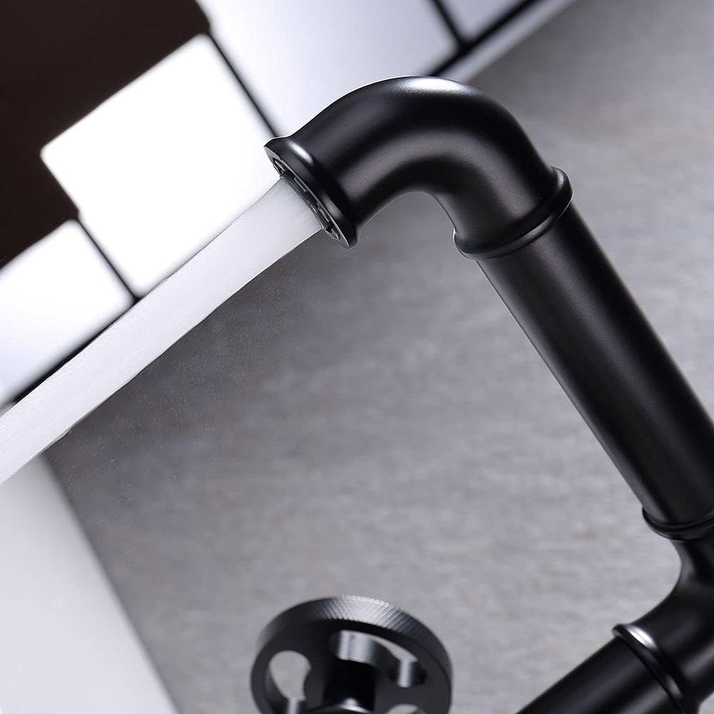 KunMai Tubo industrial solo agujero dos manijas grifo lavabo doble manijas latón macizo en negro mate