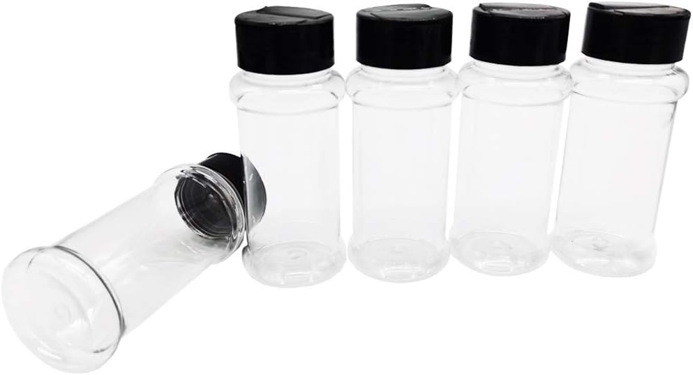 OJYUDD Paquete de 16 botellas de plástico para especias de 3.4 onzas, recipientes vacíos con tapa negra, recipientes transparentes reutilizables