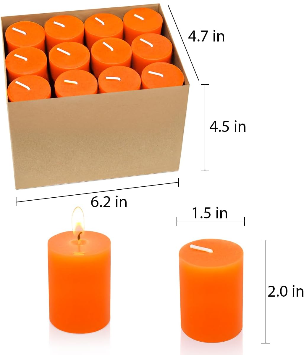 Velas votivas naranjas de 12 horas, velas de cera sin perfume de 2.0 pulgadas para bodas, fiestas, vacaciones y hogar, 24 paquetes