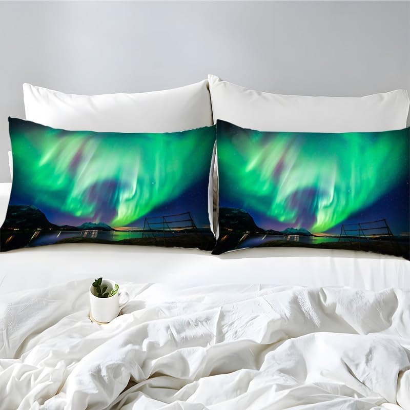 Dark Blue Aurora Twin Duvet Cover Landscape Print Twin Bedding Sets Soft Microfiber Comforter Cover and 2 Pillow Shams 20″X26″, Bed Set Duvet Covers