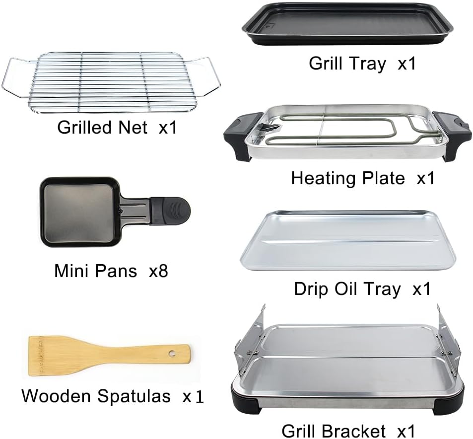 Petfu Raclette – Parrilla de mesa eléctrica de 1300 W, parrilla interior con 8 mini sartenes de raclette de queso con placa antiadherente,