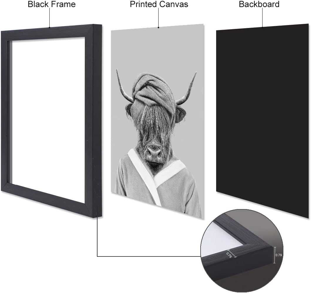 Gardenia Art Divertida decoración de vaca de las tierras altas en blanco y negro, arte de pared de granja, decoración de baño, póster vintage de